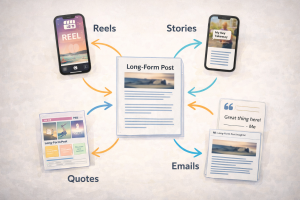 Content repurposing flowchart showing how one idea becomes multiple posts