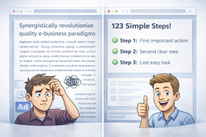 2130226 Visual comparison of cluttered vs. simplified website copy.