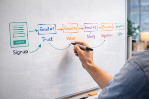 2200226 Planning and mapping an email nurture sequence flow on a whiteboard.