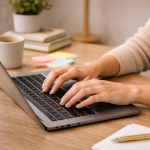 Hands typing a beginner-friendly educational post on a laptop.
