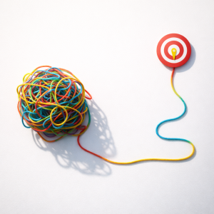 2250226 A tangled ball of yarn beside a neatly unwound strand, representing identifying the biggest pain point with ideal customer profile questions.