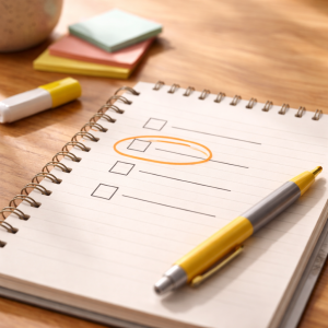 Notebook checklist illustrating choosing one small problem before you monetize your audience without a product
