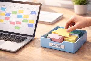 Laptop with a weekly scheduling grid representing social posts planned in advance.