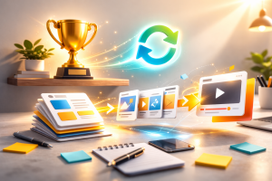 3010326 Trophy and content cards transforming into multiple formats to represent reusing top-performing content.