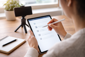 Person outlining a tutorial, showing how to make your first affiliate sale by teaching before recommending.
