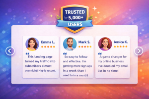 Landing page testimonials and trust badges showing social proof.
