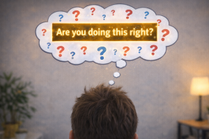 Person with a thought bubble full of question marks and a glowing email subject line.
