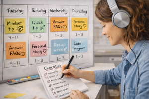 Batch content creation using a structured weekly schedule and planner
