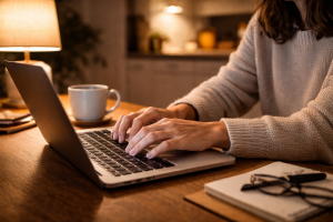 3210226 Person typing on a laptop at night at a kitchen table, suggesting persistence through early struggles.