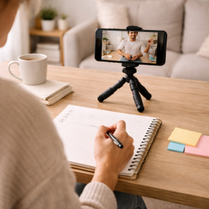 Creator recording progress updates to document their learning journey.