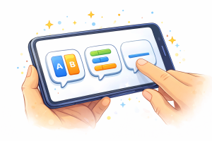 Hand tapping a phone with simple choice-style interaction buttons shown as icons.
