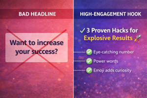 Split image comparing a weak headline and an improved version with annotations.
