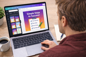Creator designing a digital checklist in Canva on a laptop.
