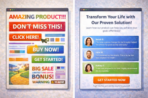 Example of a bad vs. good affiliate sales page design.
