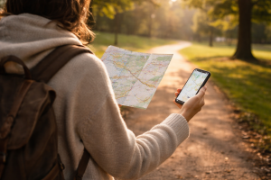 4210226 Person following a map on a bright path, symbolizing guidance and progress.