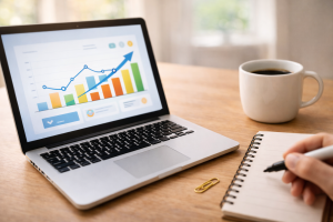 4240226 Laptop showing generic analytics charts representing engagement metrics as social proof.