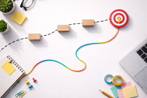 4250226 Small roadblocks on a path with a visible detour route, symbolizing obstacles uncovered by ideal customer profile questions.