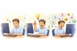 Comic-style panels showing a creator improving posts and getting more reactions.
