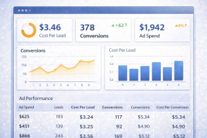 Ad tracking dashboard showing key metrics like conversions and cost per lead.

