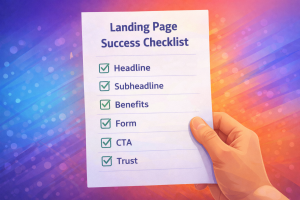 Checklist showing the six must-have landing page elements.
