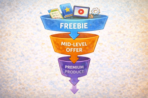 Three-tier affiliate strategy funnel with freebie, mid-tier, and premium products.
