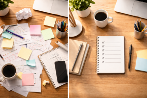 5210226 Side-by-side desks showing messy versus organized workspace to represent before-and-after