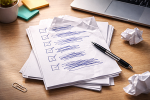 5250226 A stack of partially completed worksheets and a closed laptop, representing past attempts identified through ideal customer profile questions.