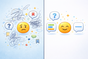 Split-screen showing messy content on one side and clear content on the other.
