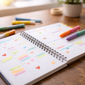 Open planner and markers showing consistent touchpoints to help make your first affiliate sale.