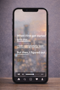 Instagram Reels preview with storytelling text animations over a blurred urban background.
