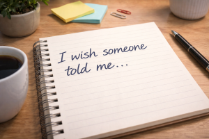 An open journal with a handwritten line saying 'I wish someone told me&hellip;