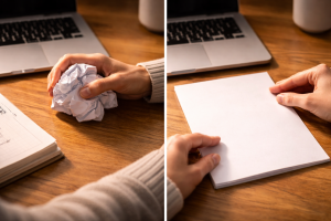 6210226 Hands resetting from a crumpled page to a fresh page, representing a turning point in a story.