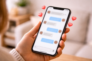 Phone showing blurred positive messages representing micro social proof.
