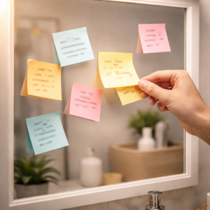 6250226 Sticky notes on a mirror with blurred writing, symbolizing limiting beliefs revealed by ideal customer profile questions.