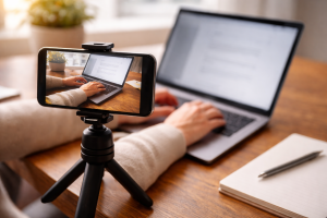 Phone recording a laptop tutorial, representing product demos that support how to make your first affiliate sale.
