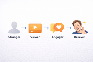 Timeline illustrating how cold audiences become loyal followers through trust-building.
