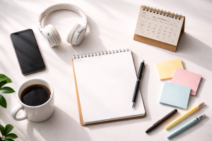 7210226 Content-creation items arranged neatly, suggesting quick story ideas and daily moments.