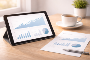 7270226 Simple analytics dashboard and weekly report indicating automated performance summaries.