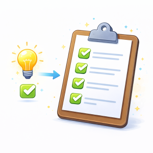 Checklist and icons showing a simple idea-to-action process.
