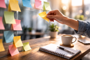 Hands removing sticky notes from glass, symbolizing removing objections to make your first affiliate sale.
