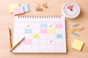 Calendar and planning tools representing a 30-day credibility sprint. 
