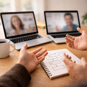 8240226 Two laptops on a video call representing collaboration as social proof.
