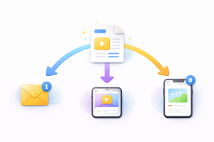 8270226 One piece of content branching into multiple formats to show repurposing.