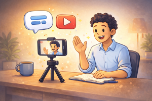 Creator recording a short video with icons for play and conversation nearby.