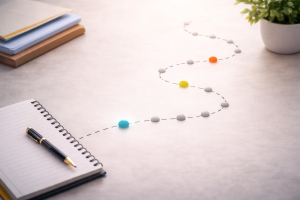 9010326 Fourteen-step roadmap on a desk representing a simple two-week optimization plan.