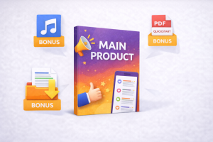 Bonus bundle graphic showing added resources like a guide, audio, and checklist next to a digital product.
