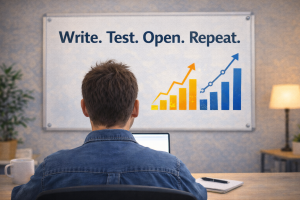 Person planning subject lines with a whiteboard and growing email success graph.

