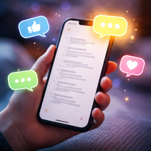 9250226 A phone notes screen with blurred lines and floating speech bubbles, representing voice-of-customer language used in ideal customer avatar questions.