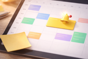9270226 Calendar reminder and notification bell representing automated follow-up prompts.