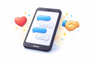 Message bubbles with heart and handshake icons representing friendly outreach.
